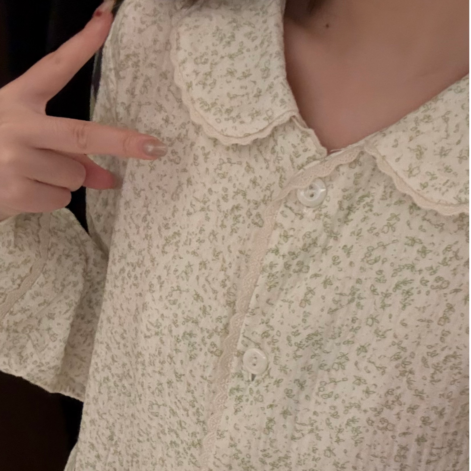 VINEEMAN【花间森语】春季新款娃娃领花边睡衣女碎花家居服长袖套装