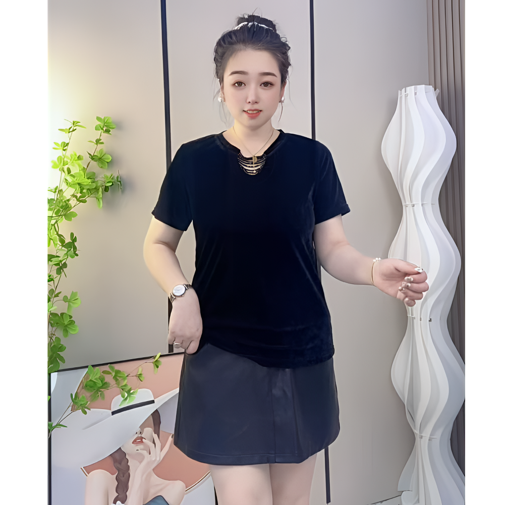 秋季新款重工镂空串珠V领金丝绒新款百搭显瘦气质减龄短袖上衣潮