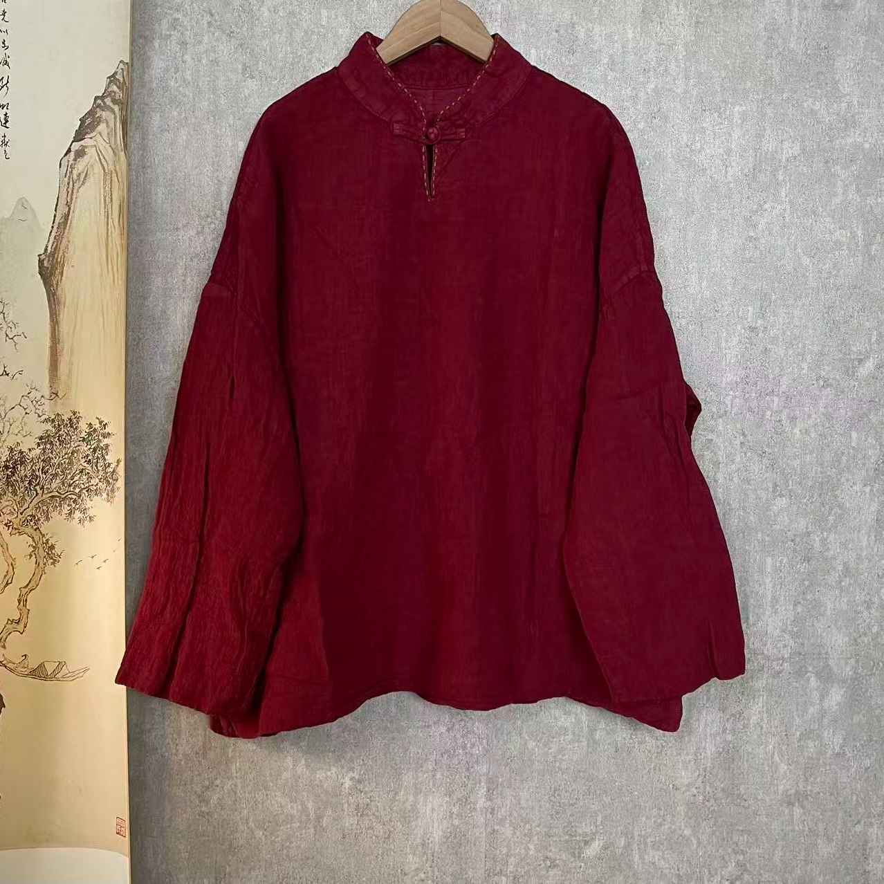 芬雅亚麻炒色做旧立领中式盘扣双层套头衫衣长65胸围128