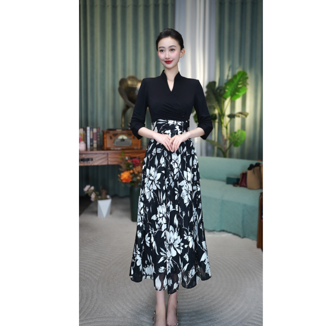 SUSSI古色丨“榴花入梦”中式拼接暗纹提花复古儒裙假两件连衣裙女