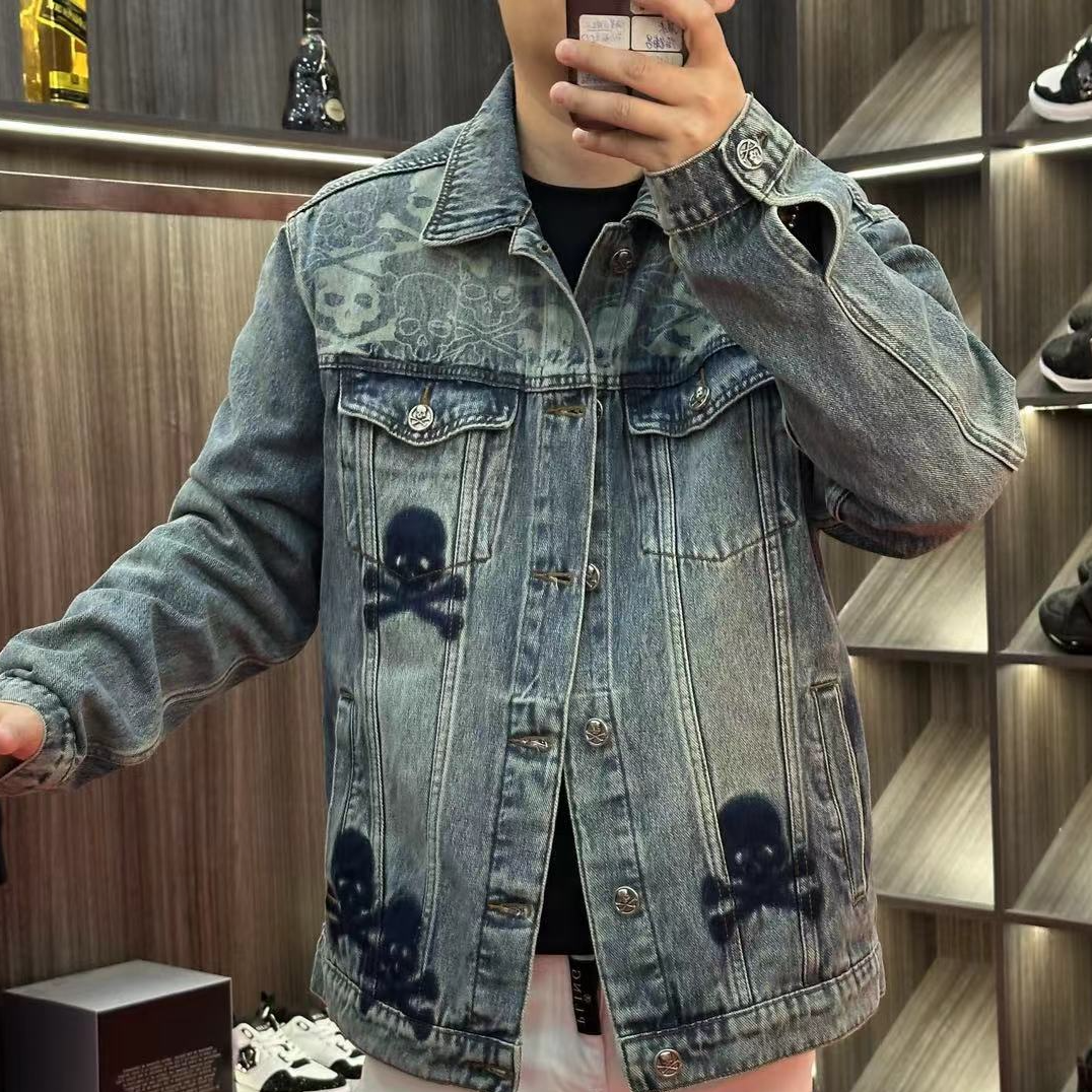 法拉盾正男秋款高品质潮流重工水洗蓝色复古翻领牛仔夹克外套T02