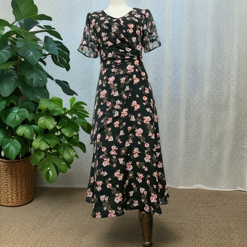 夏季V领优雅气质收腰显瘦碎花连衣裙A227