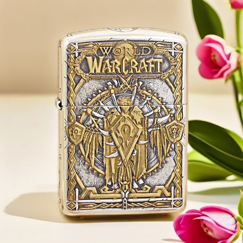 ZIPPO打火机魔兽世界W版盔甲镀银双色五面浮雕DYJ1