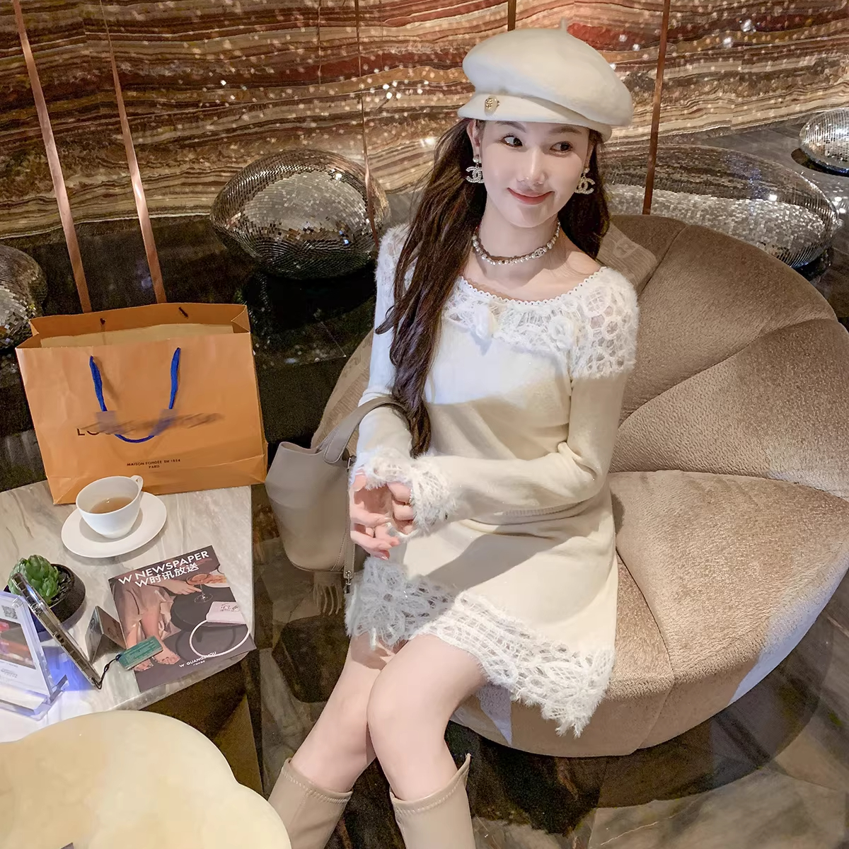 小香风针织连衣裙两件套女秋冬新款镂空拼接套装裙子