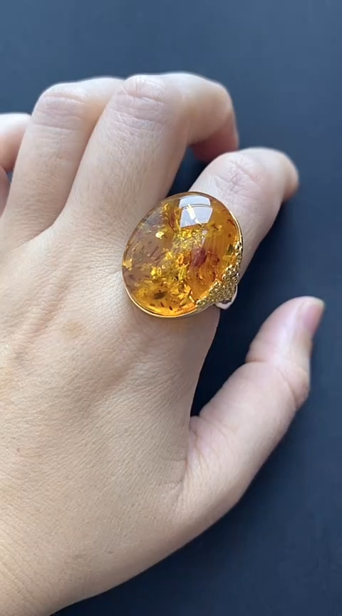 【闪购商品】琥珀裸石银S925镶嵌花珀戒指