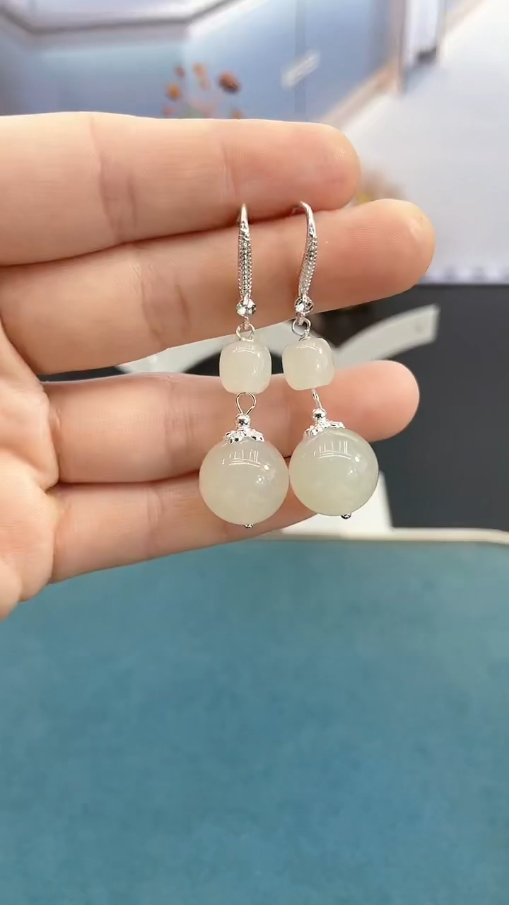 银S925镶嵌和田玉耳饰14mm白玉双珠