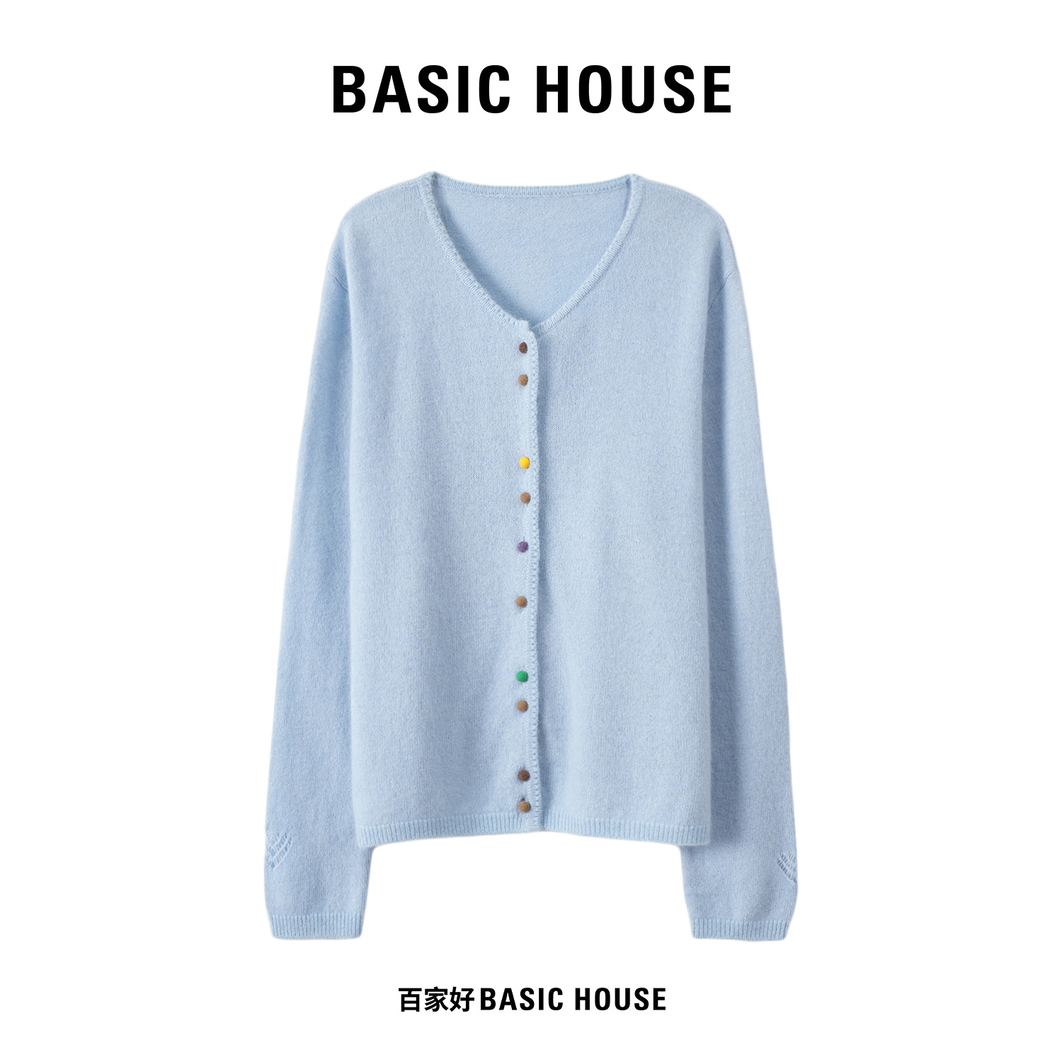 Basic House/百家好2025年秋季气质圆领彩扣长袖百搭P612 MM