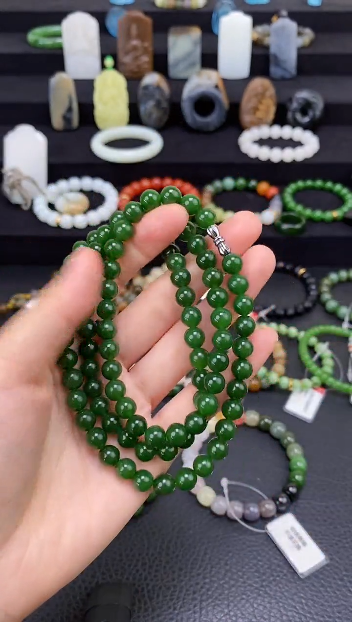 未镶嵌和田玉挂件8mm碧玉圆珠项链