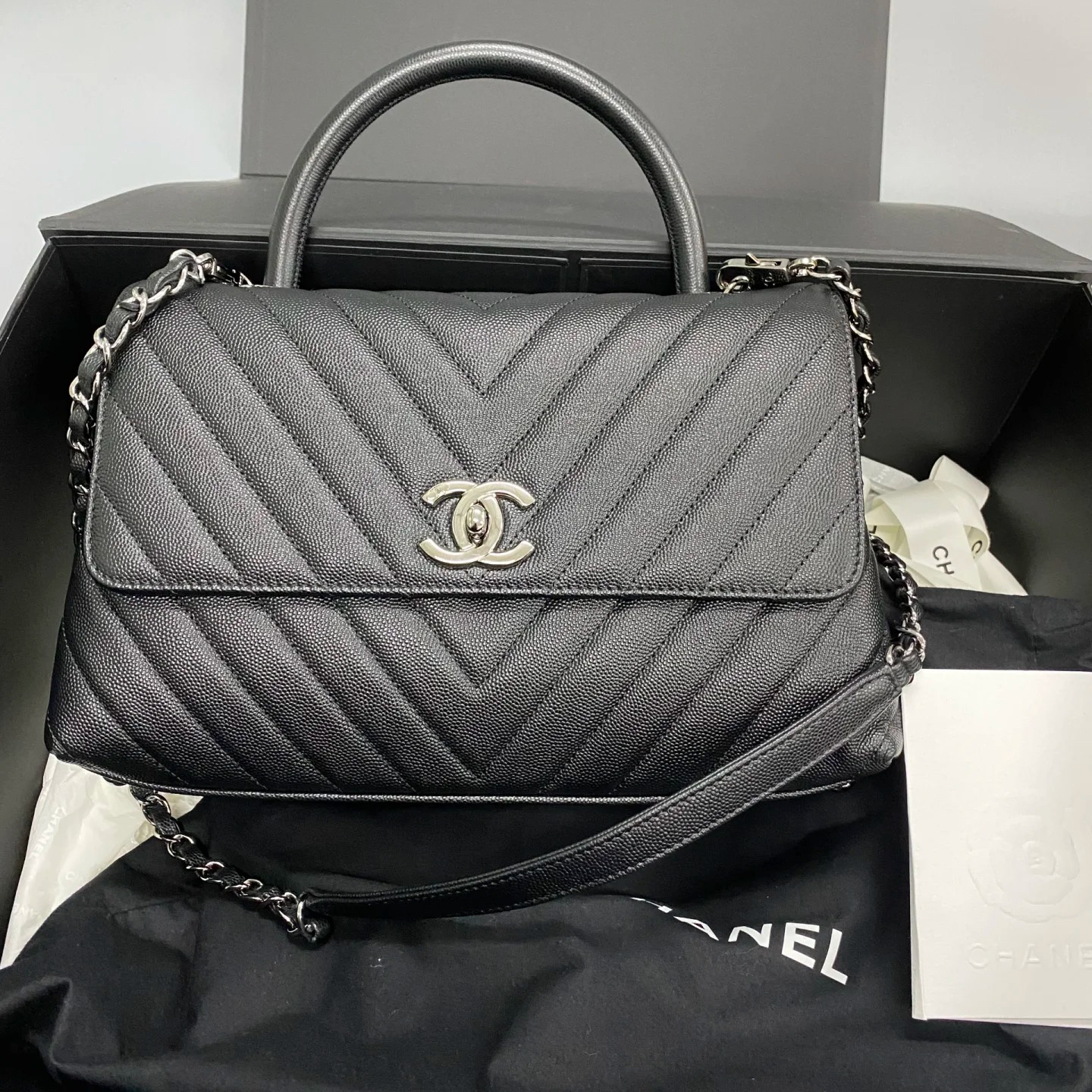 99新 Chanel/香奈儿 黑银荔枝Coco handle中号/7035