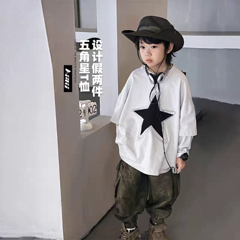 纯棉儿童打底衫假两件宽松时尚百搭洋气ins长袖简约休闲圆领韩版