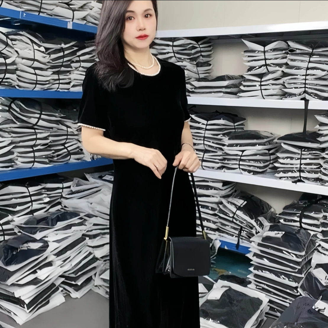 新款定制丝绒面膜气质减龄连衣裙手工串珠短袖