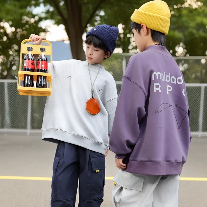 冬新款中大童加绒圆领套头卫衣冬季韩版儿童套装童装