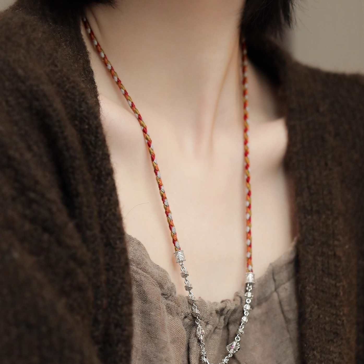 链子925银 N18727 克罗心十字架珠四叶草双扣编绳项链