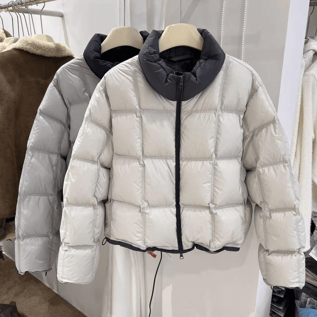 韩版白鸭绒撞色立领小方格羽绒服女2025年冬季新款宽松小个子外套