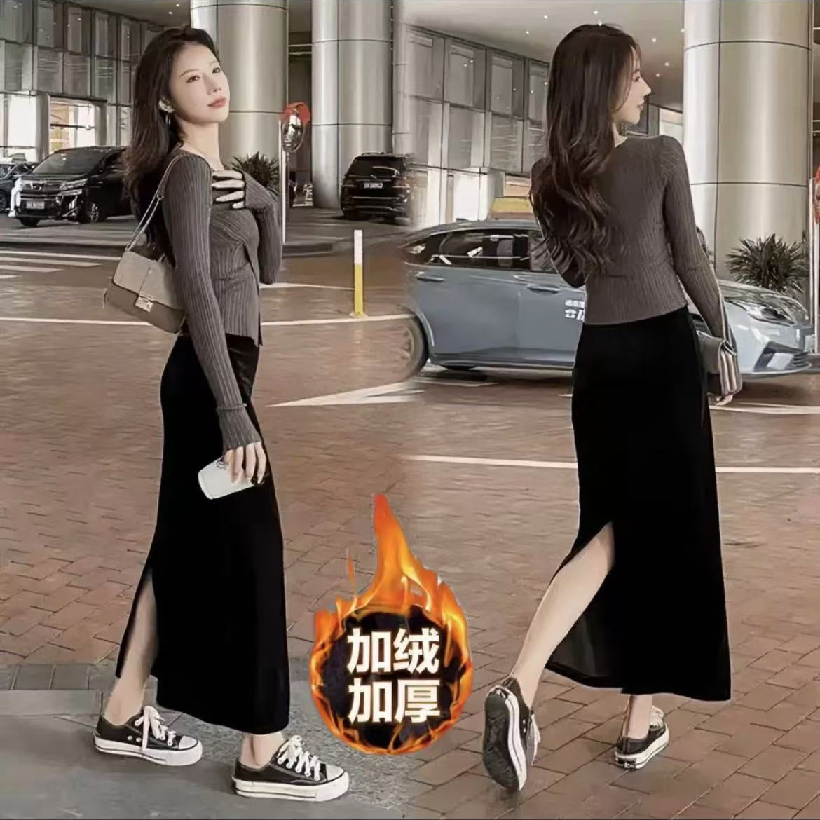 【工厂直发-现货】加绒加厚秋冬丝绒新款女装显瘦中长款直筒半身裙
