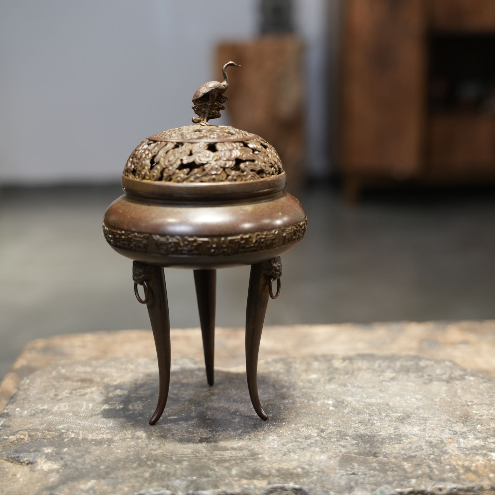 宽窄.纯铜三足高脚仙鹤香炉盘香炉茶道零配