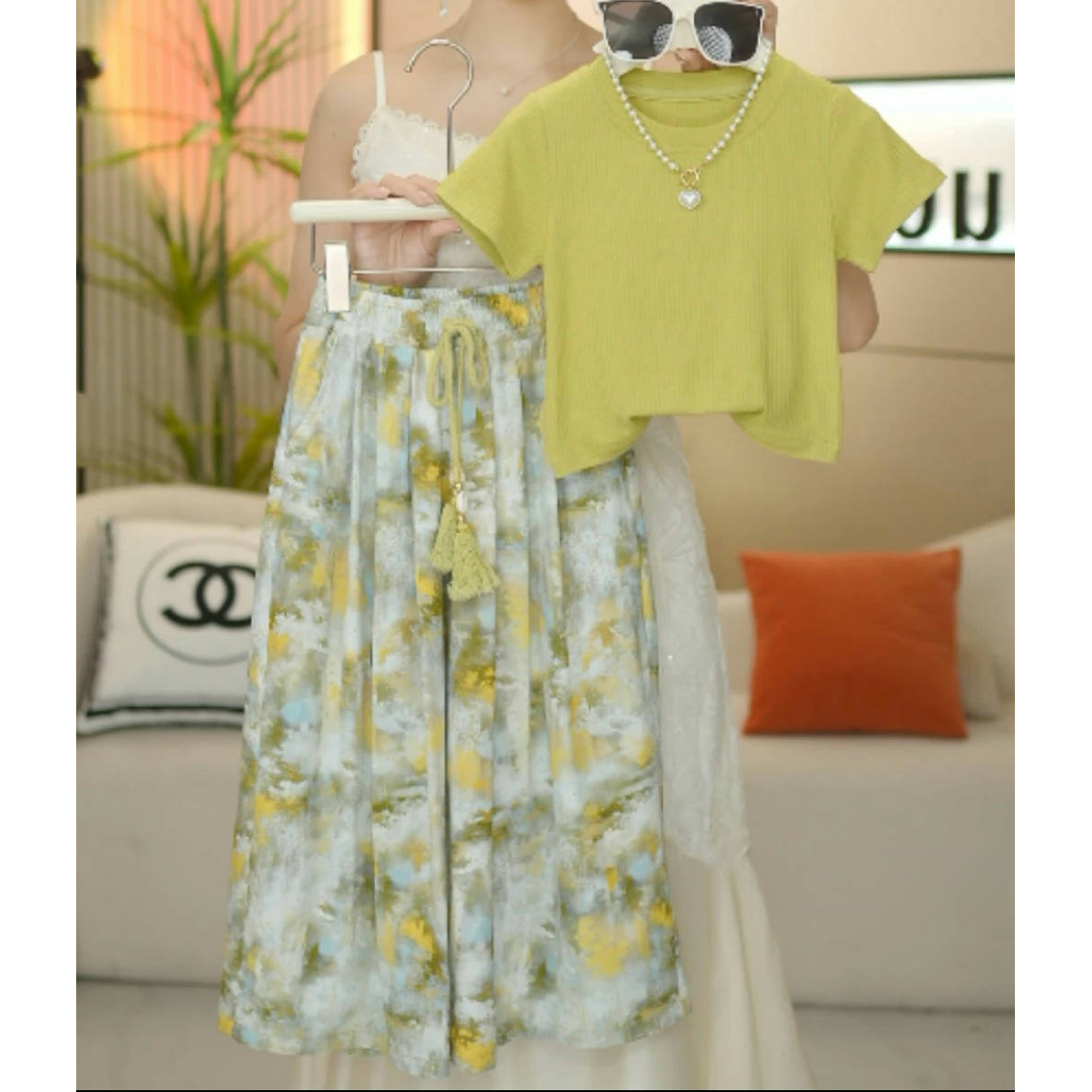 女童2025夏季新款韩版洋气T恤+晕染碎花裤休闲宽松显瘦百搭两件套