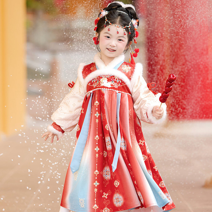 童锣湾汉服女童马年国风加绒表演襦裙女孩红色连衣裙拜年服【冬禧】