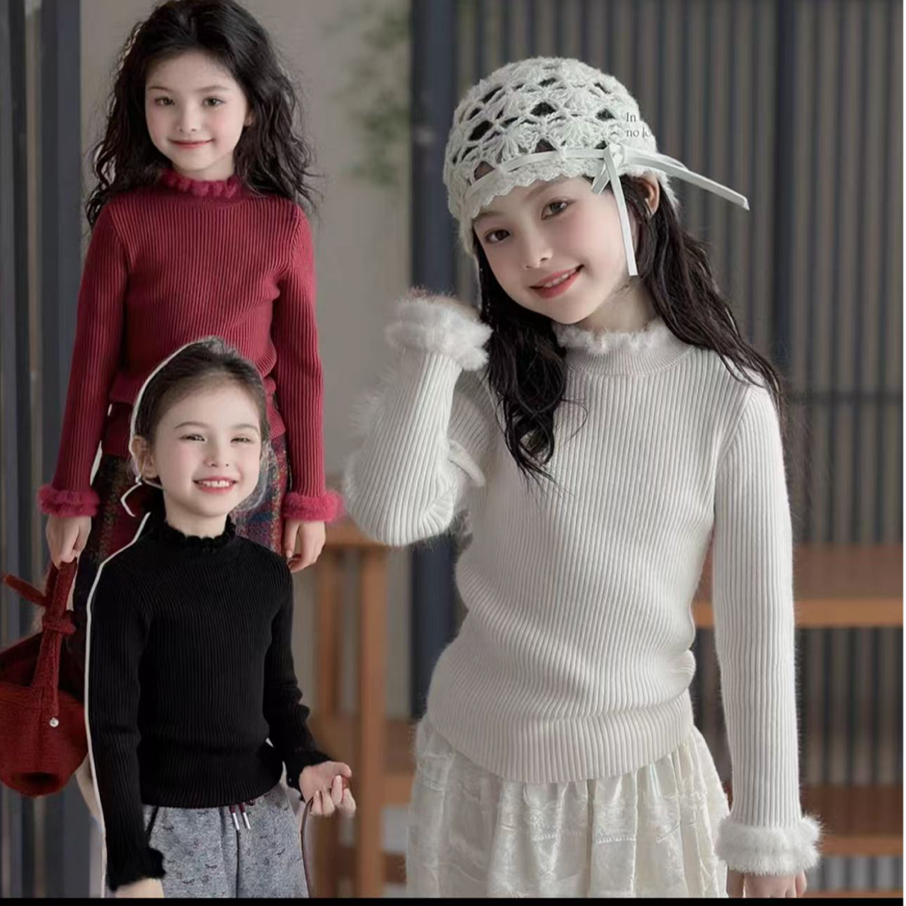 加绒女宝宝冬季木耳边毛衣洋气针织衫