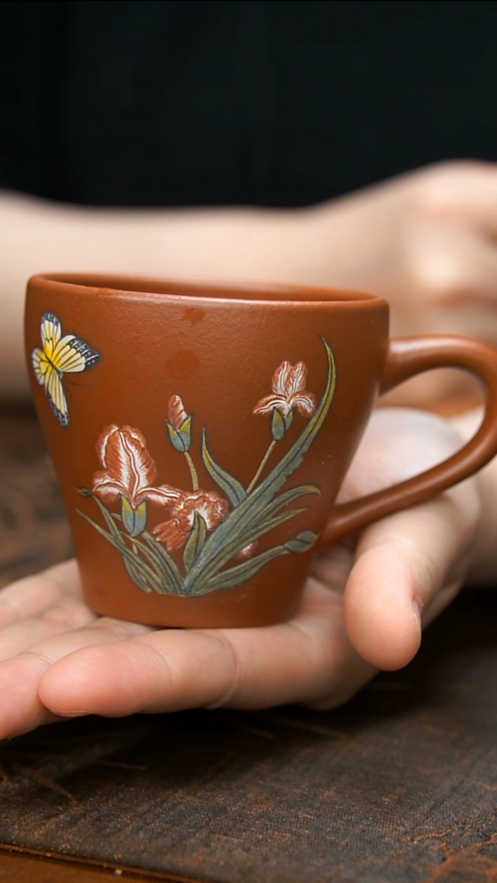 紫砂茶壶朱泥蝴蝶花花杯
