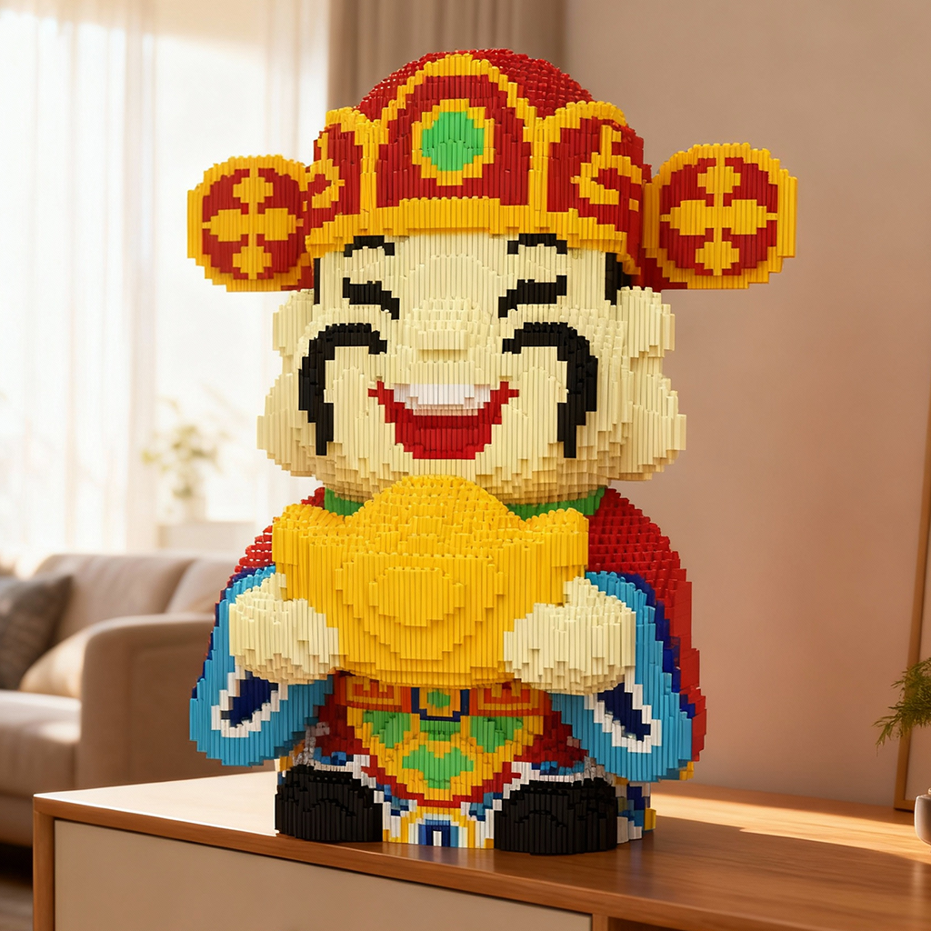 大型积木财神进宝彩拼新款串联积木益智玩具门店公司前台客厅摆件