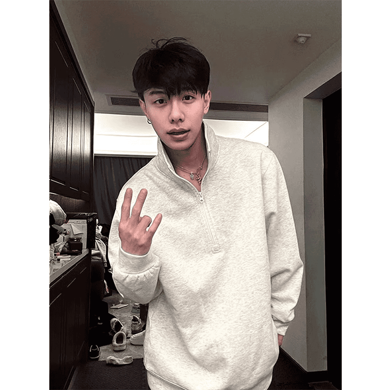 花灰色半拉链卫衣外套男款春秋cleanfit外套美式训练健身长袖t恤