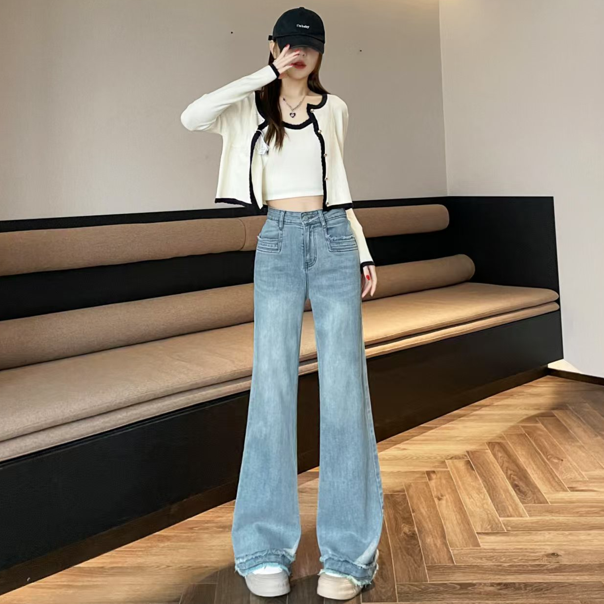 【3507-1】复古百搭设计感微喇牛仔裤女春秋显瘦弹力休闲垂感拖地裤