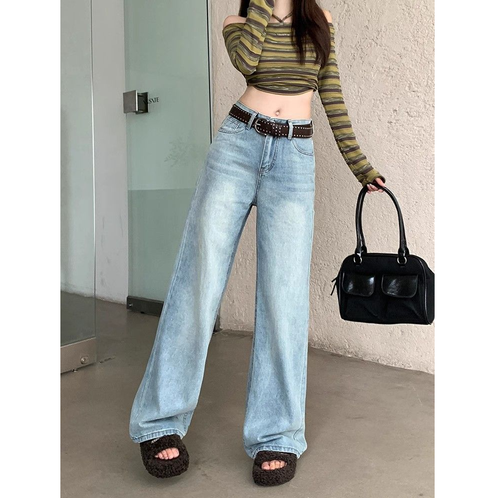 145小个子美式浅蓝色阔腿牛仔裤女夏季新款高腰宽松直筒拖地长裤