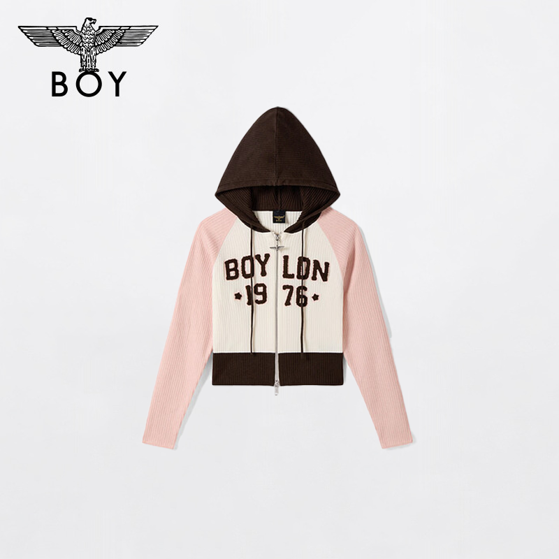 BOY LONDON粉黑撞色立体字母毛衣连帽针织开衫新款女外套W64910