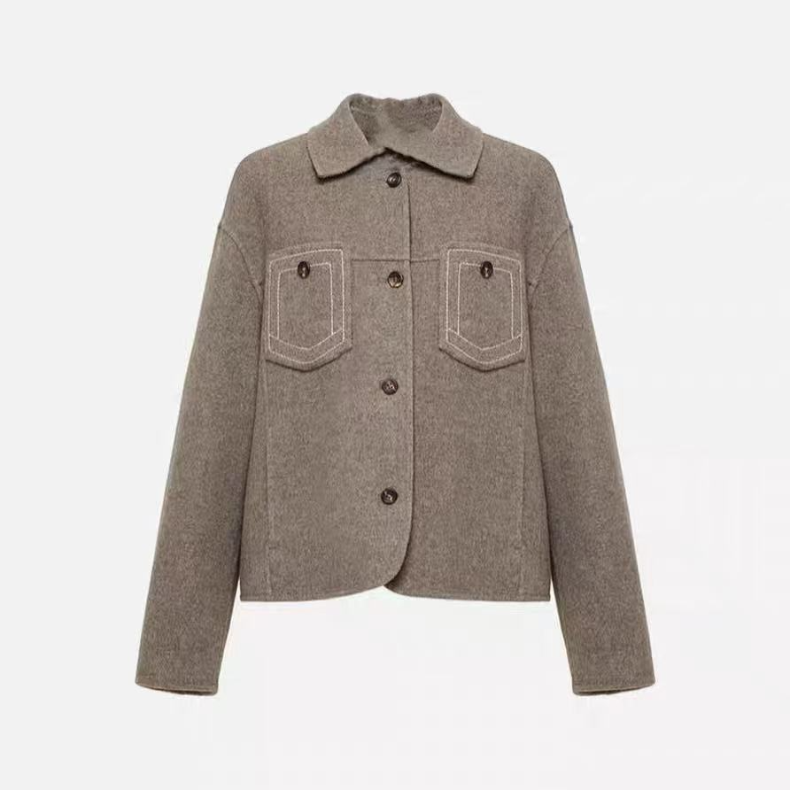 25秋冬新款100%纯羊毛气质短款衬衫式毛呢外套0133