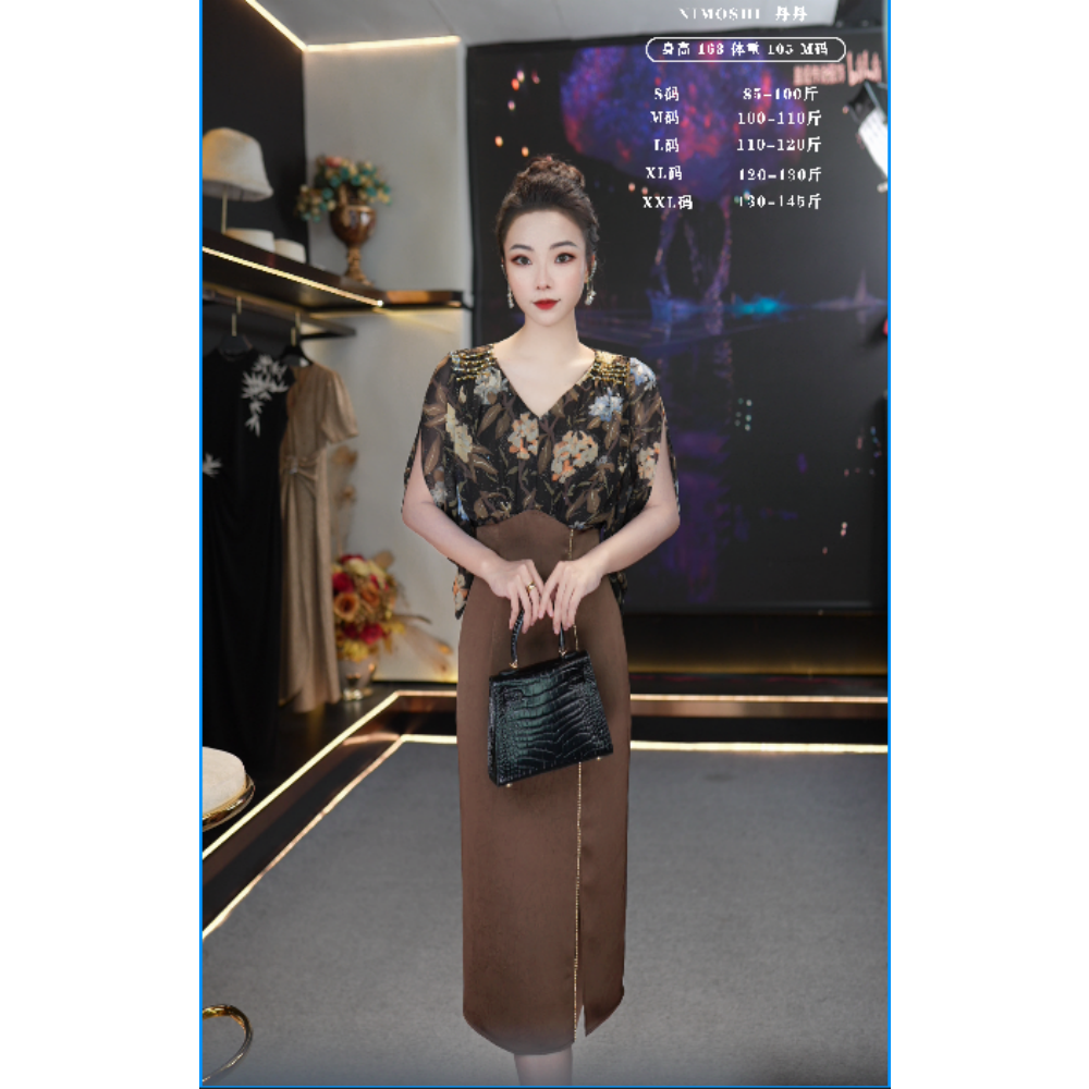 Dan总法式复古风韵味十足显气质花卉拼接显瘦连衣裙Q2007