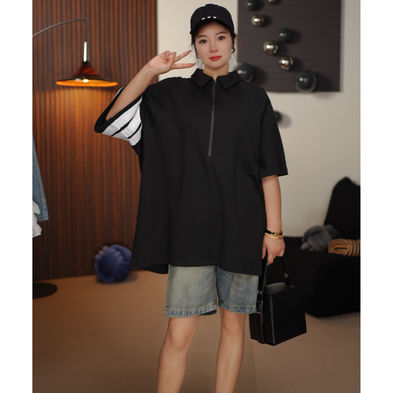 ZHANGLIU/设计师原创新款时尚简约休闲经典三条杠宽松显瘦POLO衫