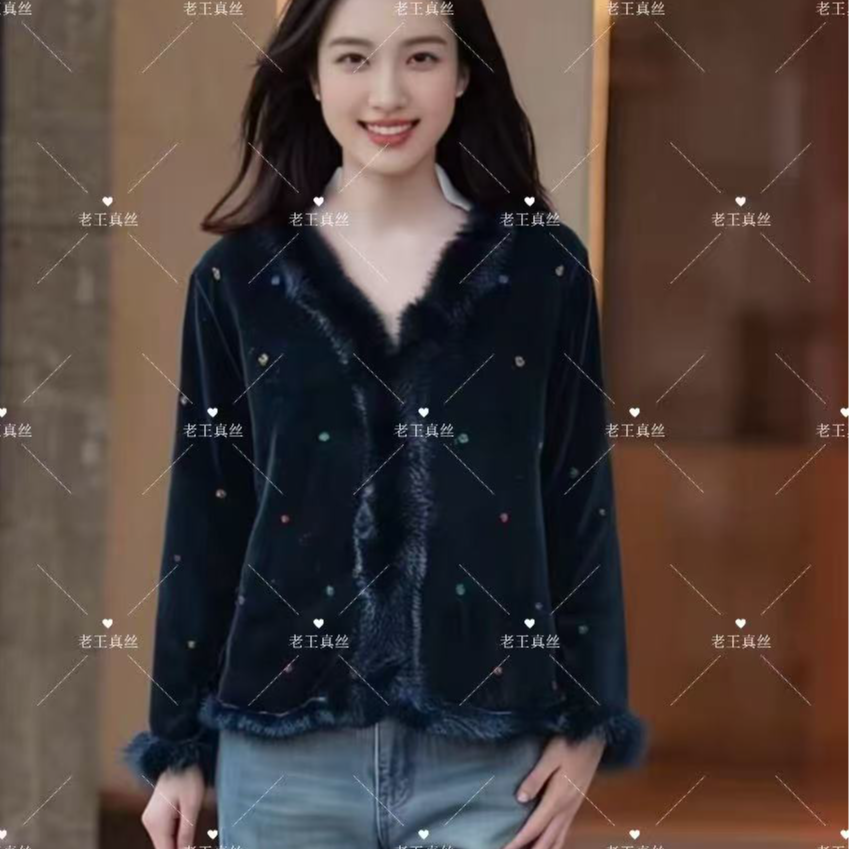 真丝丝绒  墨绒星钻 新中式文艺复古中国风印花重工上衣