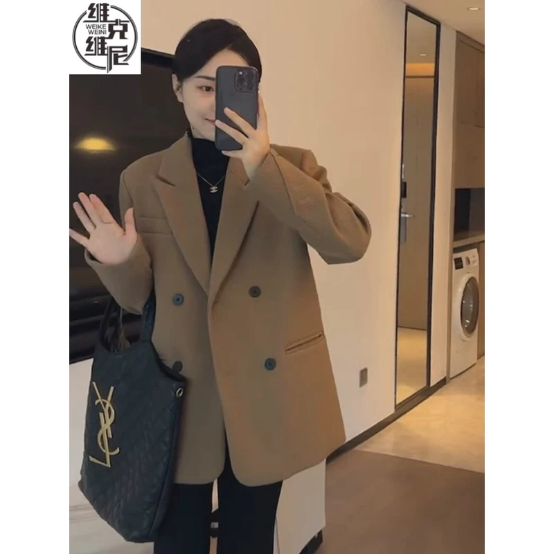 F125宽松纯色韩版韩版卡其色西装双排扣长袖排扣女秋冬 FB