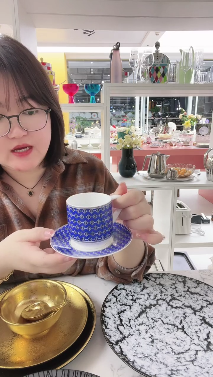 意式浓缩咖啡杯碟 蓝色 白骨瓷