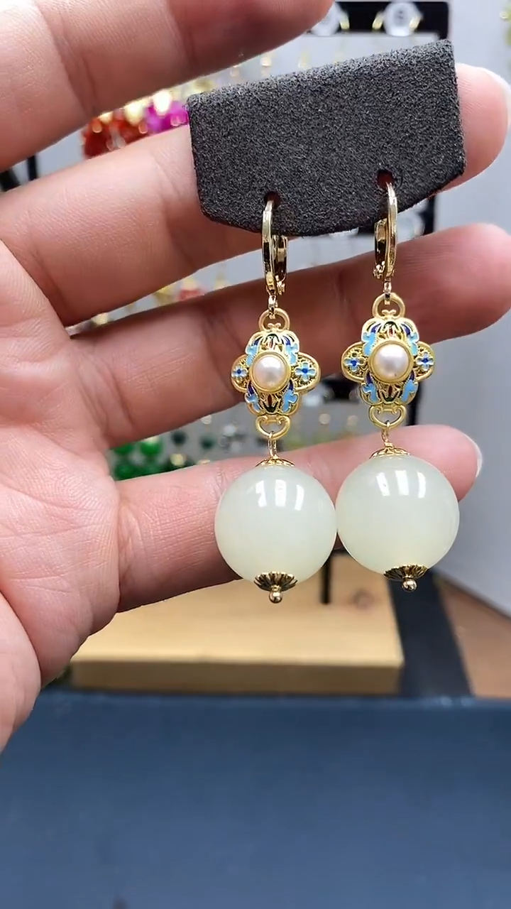 和田玉银S925镀金镶嵌耳饰尺寸16mm耳扣A2