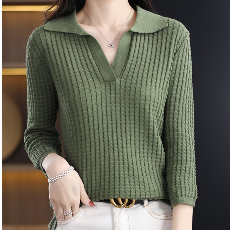 100%纯棉翻领显瘦针织衫毛针织衫女中年女士秋季拼色毛衣上衣