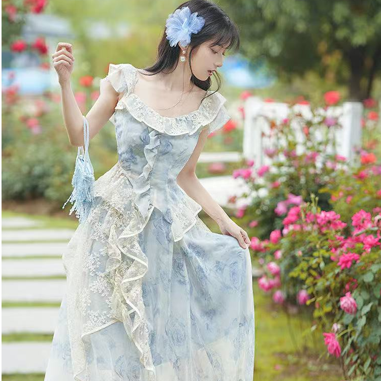 法式风情桔梗两件套装夏蓝色蕾丝超仙温柔奶系穿搭复古半身裙套装