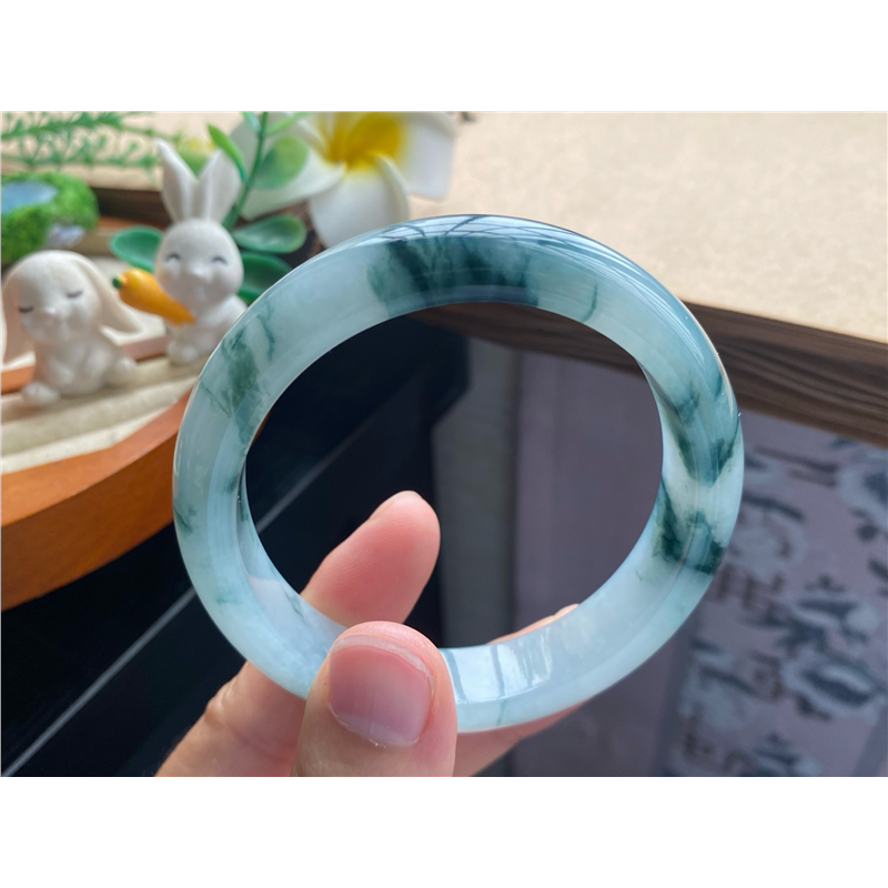 929期！8652号56.7-13.4-8.5！墨绿飘花镯！深邃浓郁天然翡翠手镯