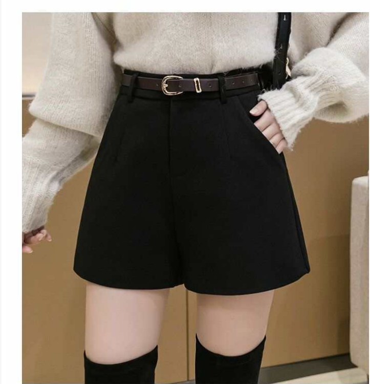 （送皮带）毛呢A字短裤女秋冬新款高腰宽松显瘦韩版休闲靴裤阔腿裤