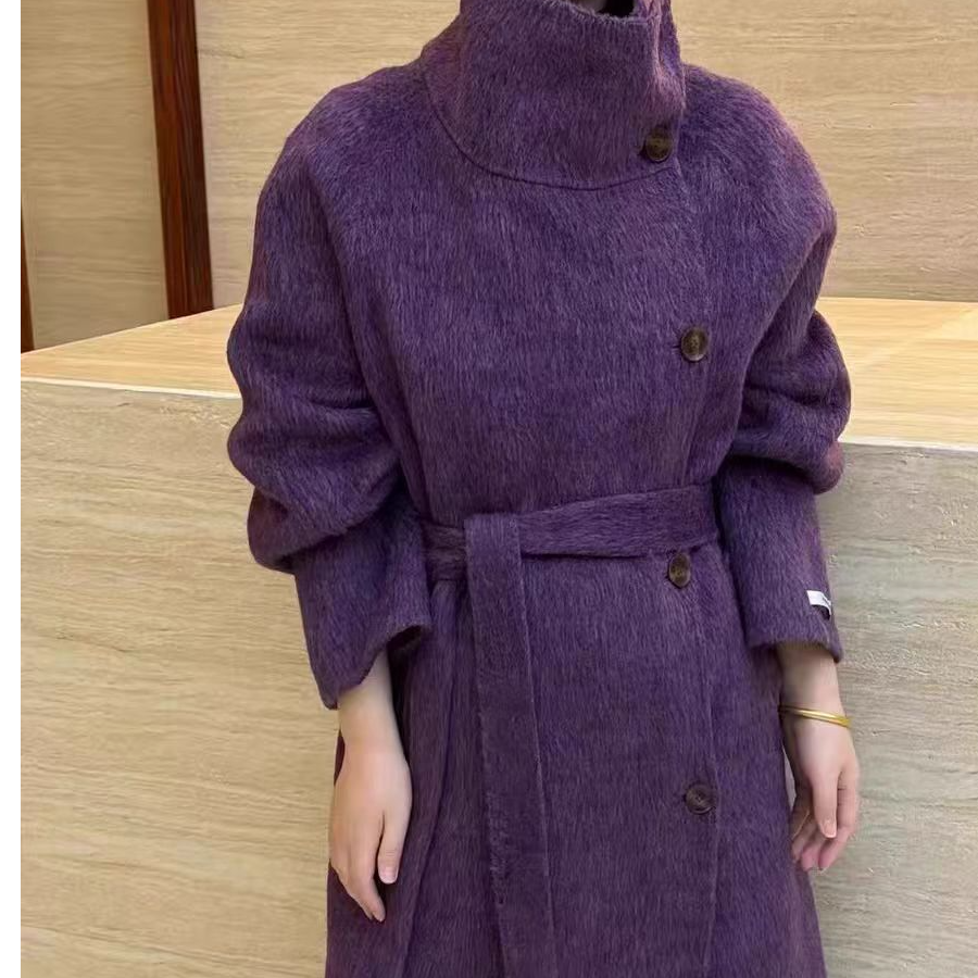 女毛呢外套长款紫色