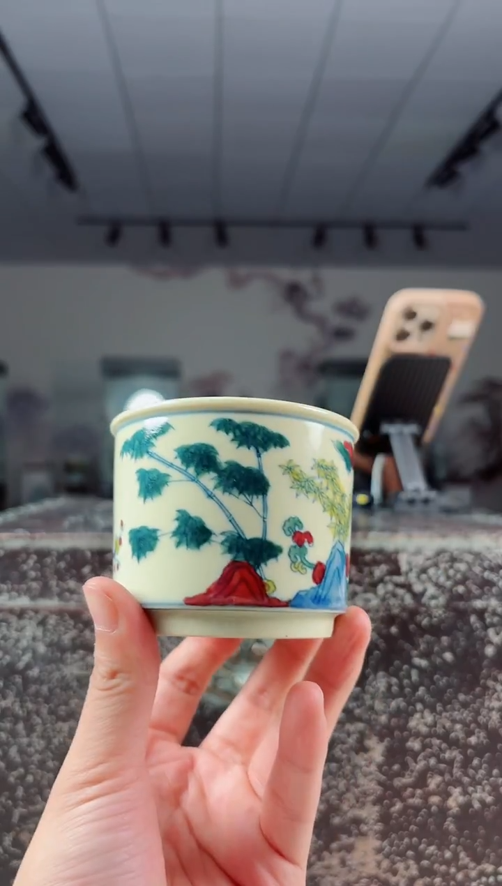 杯子陶瓷黄稀松竹梅五彩直筒杯+礼盒