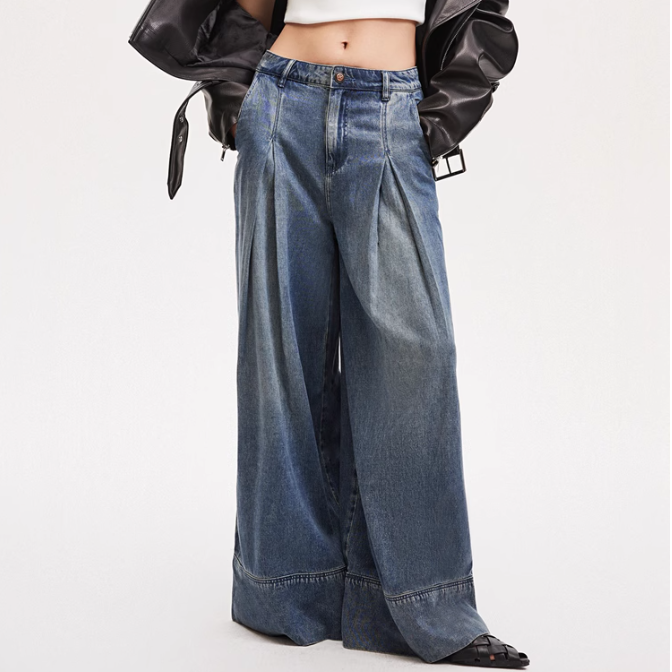 牛仔裤2025新款宽松水洗做旧打褶九分阔腿裤女牛仔裤