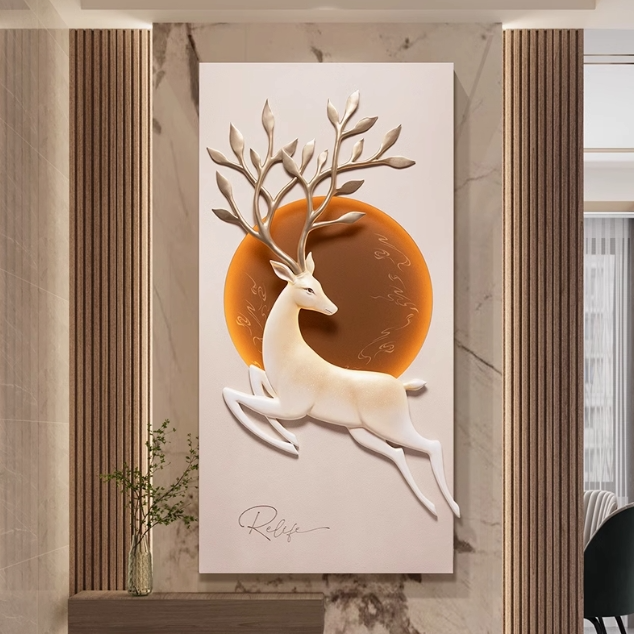 装饰画新中式轻奢奶油风竖版立体挂画走廊墙壁过道玄关高级感灯光