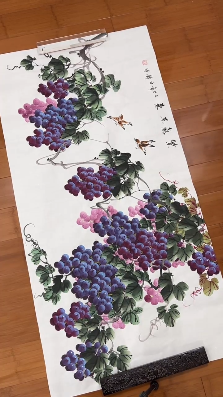 国画【福利，纯手工手绘】张文锦葡萄横幅138*68厘米