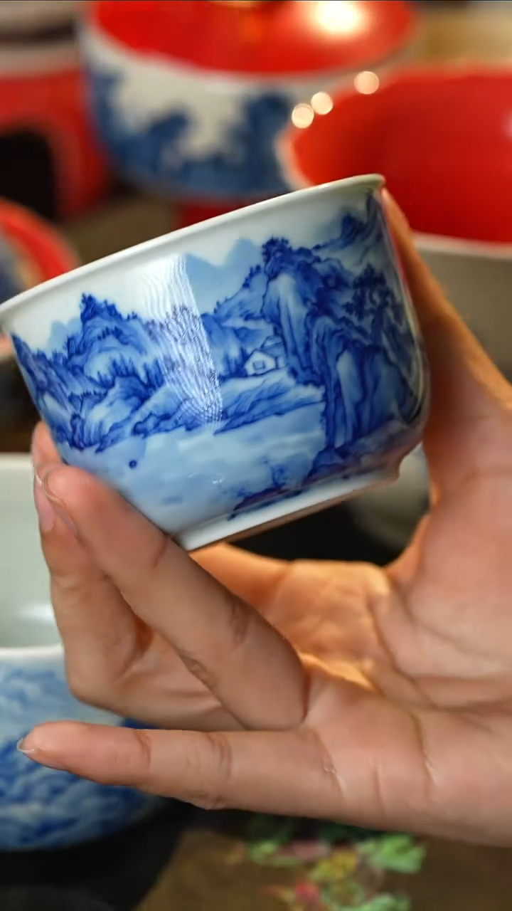 焱谷景德镇高温纯手工手绘青花山水主人杯