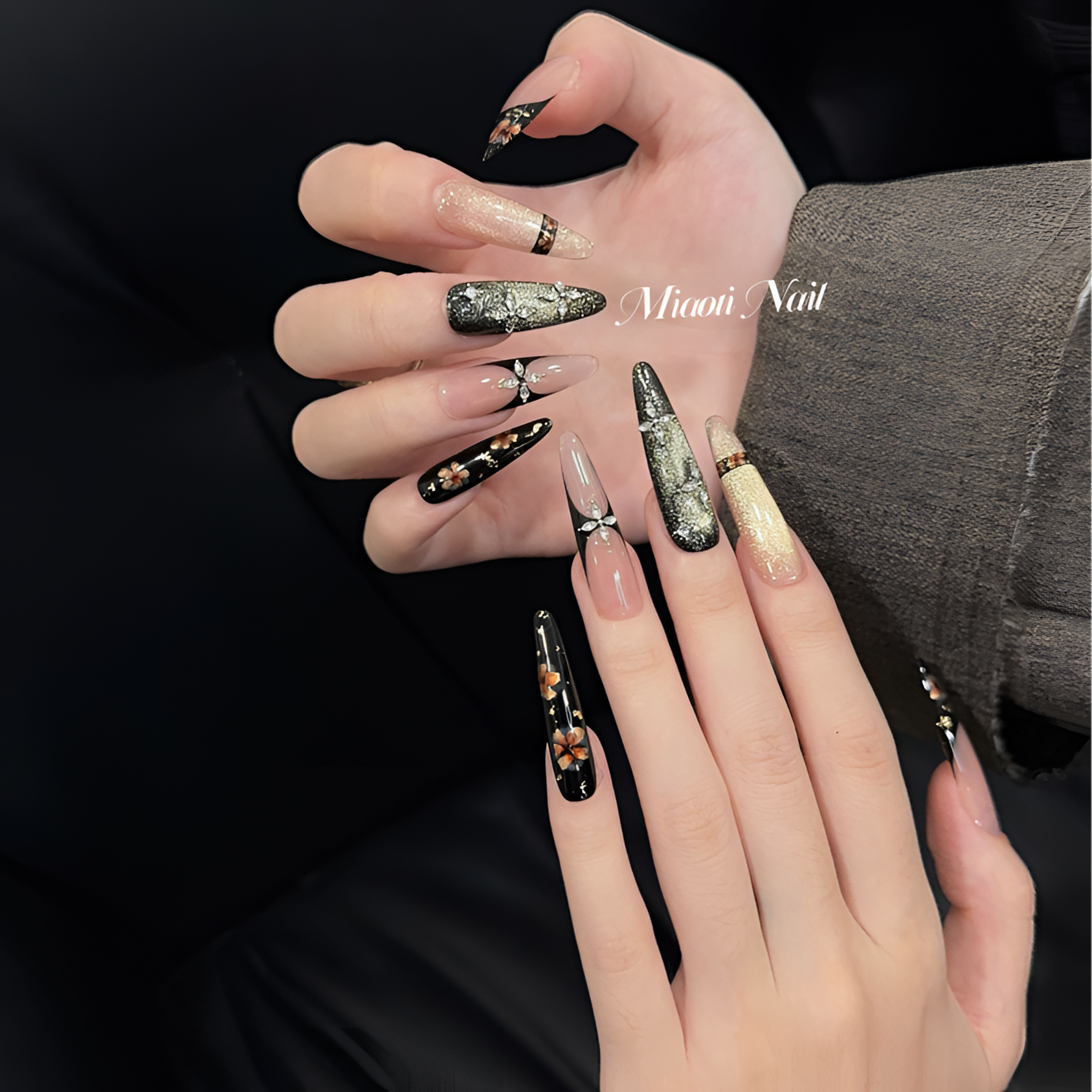 【墨山繁花】【9个甲型定制】猫哥 猫眼锆石钻金色花晕染手工穿戴甲