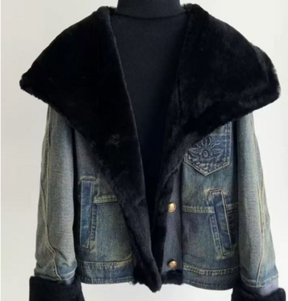81266 舒适保暖仿皮毛一体翻领牛仔夹克外套秋冬