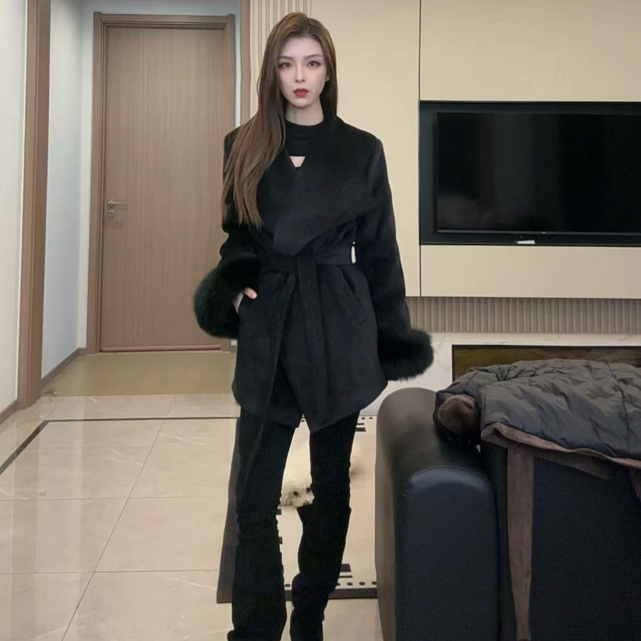 袖口狐狸毛系带收腰雪花绒外套女2025冬季翻领大衣加厚羽绒服9926