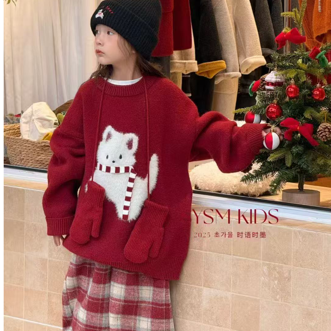 Andme•25冬~时尚猫咪毛衣9628红色  16--6